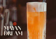 Ein erfrischendes Getränk in einem hohen Glas, gefüllt mit orangefarbener Flüssigkeit und Eiswürfeln, steht auf einer Bar.