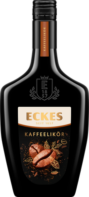 Die Kaffeelikör-Flasche präsentiert sich in einem modernen, eleganten Stil mit einer ansprechenden Kombination aus Schwarz und Gold.