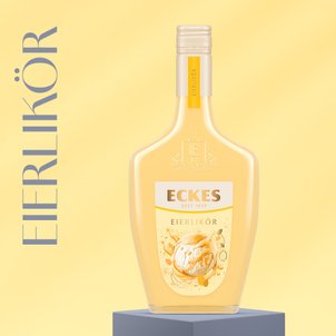 Die Flasche mit dem Aufdruck 'Eckes Eierlikör' zeigt eine cremige, gelbe Flüssigkeit und ein ansprechendes Design.