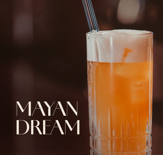 Hohes Glas mit orangefarbenem Mayan Dream Cocktail, Schaumkrone und Eiswürfeln.