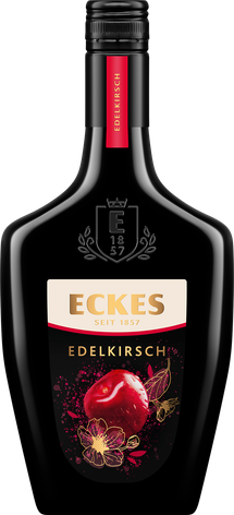 Ein ansprechendes Flaschendesign mit dem Namen 'Eckes Edelkirsch', umgeben von künstlerischen Spritzern und floralen Details.