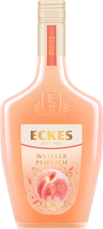 Eine elegante Flasche mit dem Etikett 'Eckes' und der Aufschrift 'Weißer Pfirsich', umgeben von sanften, pfirsichfarbenen Akzenten.