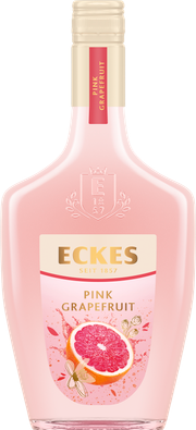 Eine elegante Flasche mit rosa Grapefruit-Likör, verziert mit einem goldenen Etikett und einem frischen, fruchtigen Design.