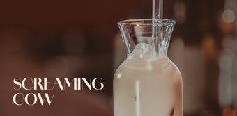 Ein elegantes Glas mit einem cremigen Getränk, das mit einem Strohhalm serviert wird, vor einem unscharfen Hintergrund.