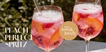 Zwei stilvolle Gläser mit einem fruchtigen Pfirsichspritz, umgeben von einer grünen Gartenlandschaft, strahlen Sommerfrische aus.