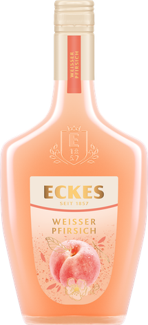 Eine elegante Flasche mit dem Etikett 'Eckes' und der Aufschrift 'Weißer Pfirsich', umgeben von sanften, pfirsichfarbenen Akzenten.