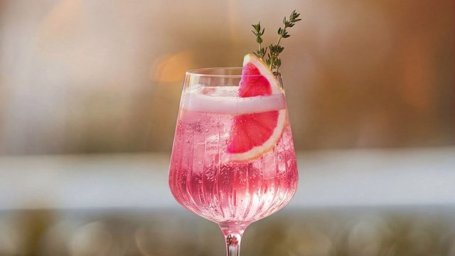 Ein stilvoller Cocktail mit einer lebhaften pinken Farbe, verziert mit einer Grapefruitscheibe und frischen Kräutern im Hintergrund.