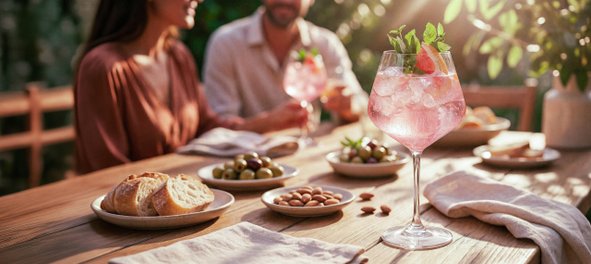 Zwei Personen genießen eine entspannte Zeit im Freien, während sie an einem Tisch mit Snacks und erfrischenden Getränken sitzen.