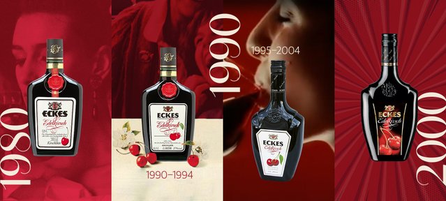 Die Grafik zeigt die Evolution des Eckes Edelkirsch Likörs mit drei Flaschen, die in einem ansprechenden, roten Layout angeordnet sind.
