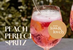 Zwei stilvolle Gläser mit einem fruchtigen Pfirsichspritz, umgeben von einer grünen Gartenlandschaft, strahlen Sommerfrische aus.