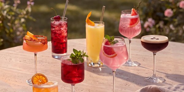Eine Auswahl bunter Cocktails steht auf einem Tisch, umgeben von einer blühenden Gartenlandschaft im Hintergrund.