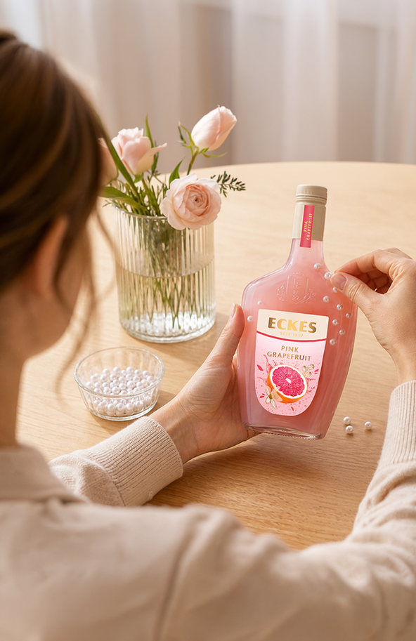 Eine Person verziert eine ECKES Pink Grapefruit Flasche mit selbstklebenden  Perlen. Auf dem Tisch liegen eine Schale mit Perlen, eine Schere und Kleber. Im  Hintergrund steht eine fertig dekorierte Flasche mit Schleife.