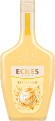 Eine Flasche Eckes Eierlikör mit einer hellgelben Flüssigkeit und einem Eiscreme-Motiv auf dem Etikett, das Genuss verspricht.