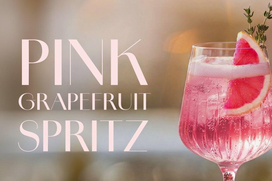 Ein erfrischendes pinkes Getränk in einem eleganten Glas, garniert mit einer Grapefruit-Scheibe und einem Zweig Thymian.