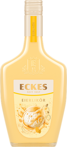 Eine Flasche Eckes Eierlikör mit einer hellgelben Flüssigkeit und einem Eiscreme-Motiv auf dem Etikett, das Genuss verspricht.