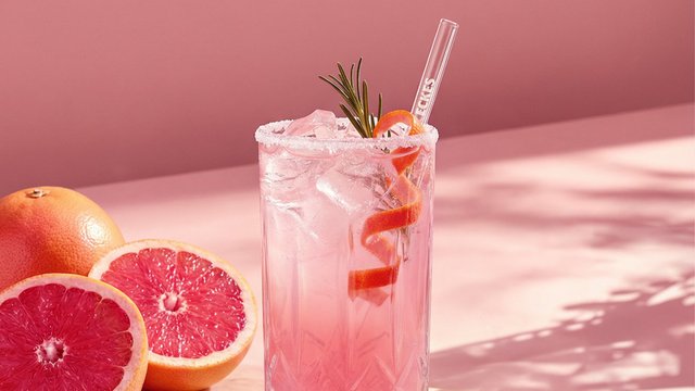 Ein erfrischender pinker Cocktail mit Eis, garniert mit Rosmarin und einer Spirale aus Zitrusfrucht, steht auf einem rosa Hintergrund.