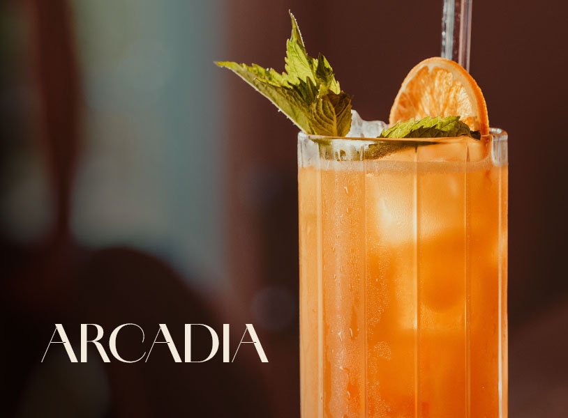 Hohes Glas mit orangefarbenem ECKES Arcadia Cocktail, garniert mit Minzblättern und einer Orangenscheibe.