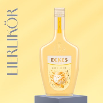 Die Flasche mit dem Aufdruck 'Eckes Eierlikör' zeigt eine cremige, gelbe Flüssigkeit und ein ansprechendes Design.