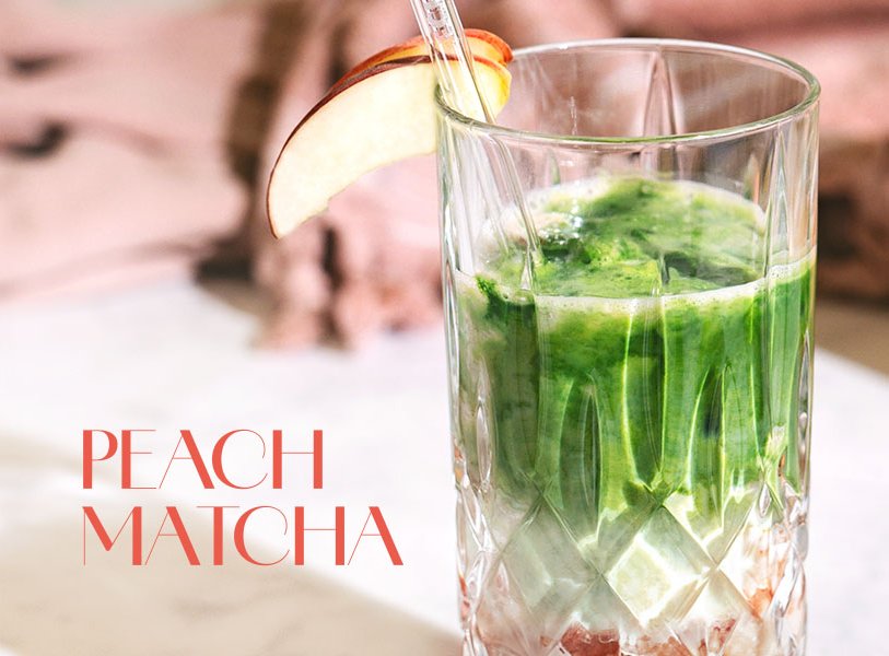 Zutaten für den Peach Matcha: ECKES Weißer Pfirsich, Pfirsich, Vanillezucker, Hafermilch, Matcha-Pulver