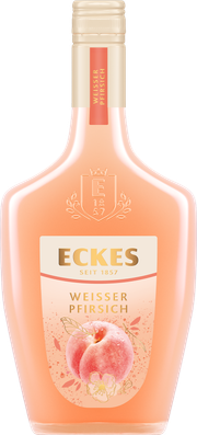 Eine elegante Flasche mit dem Etikett 'Eckes' und der Aufschrift 'Weißer Pfirsich', umgeben von sanften, pfirsichfarbenen Akzenten.